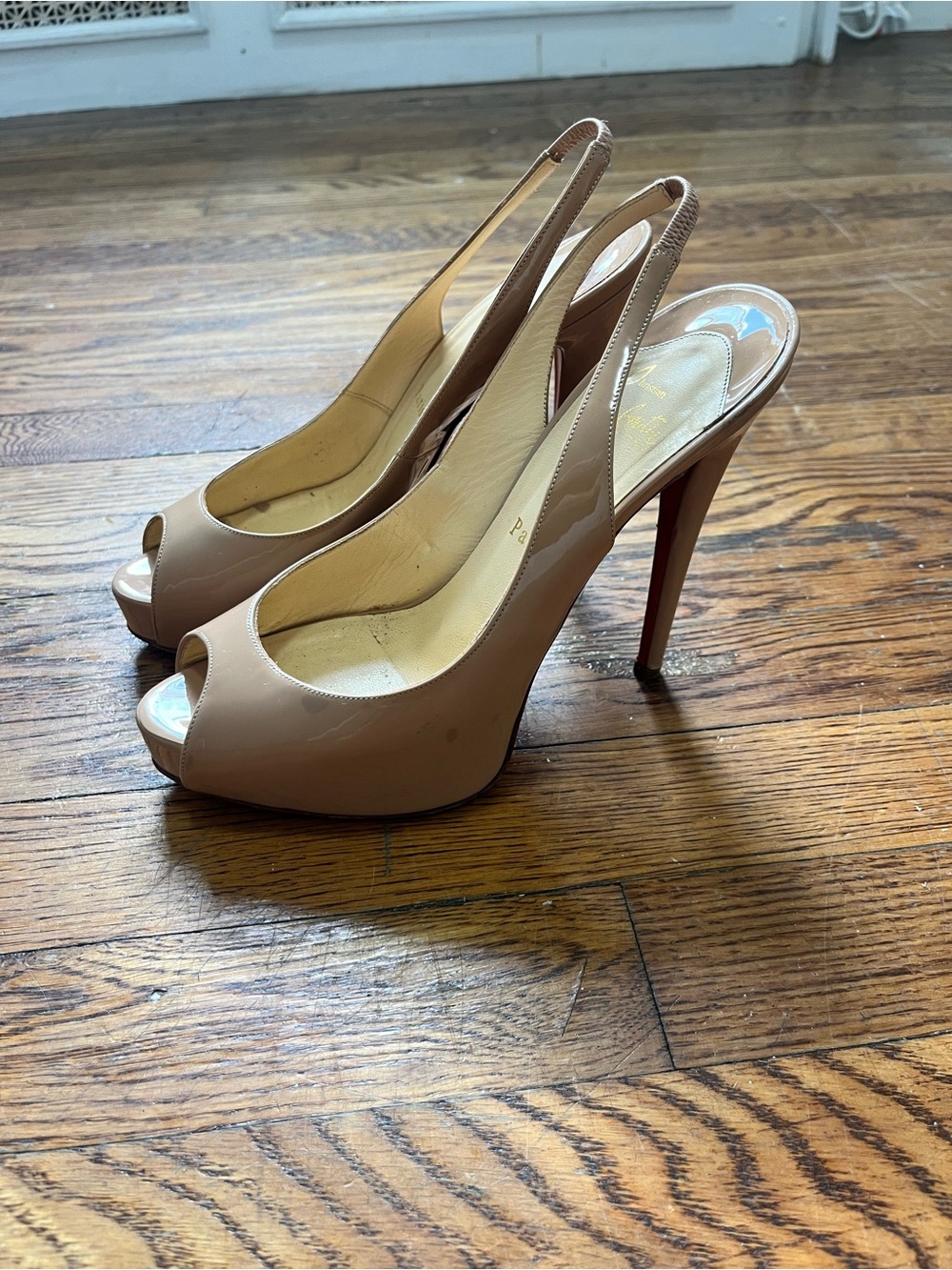 Christian Louboutin Nude Patent Peep-Toe Slingback Pumps
